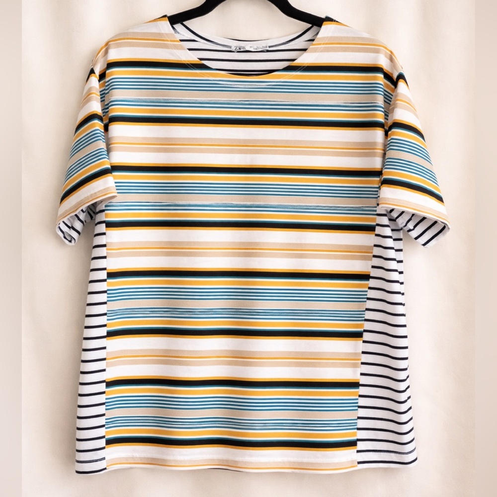 ZARA Mixed Stripe Tee‎ Size L Colorblock Striped Top Mustard Teal Black White